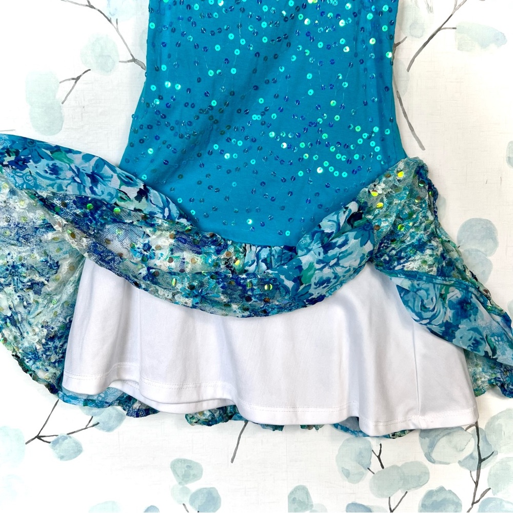 Justice Kids Turquoise Aqua Blue Dress Sequin Party Dress-up Floral Ruffled Lace - Picture 9 of 15